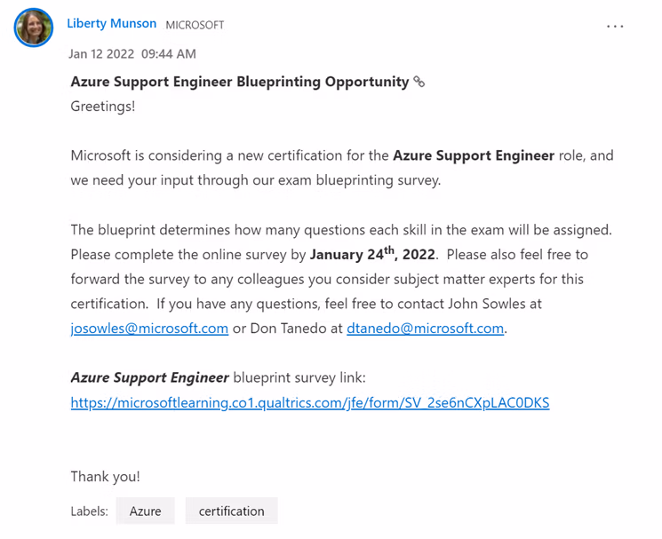 Liberty Munson's Tech Community post announcing the Azure Support Engineer certification blueprinting survey