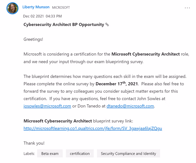 Liberty Munson's Tech Community post announcing the Microsoft Cybersecurity Architect exam blueprinting survey, due December 17, 2021