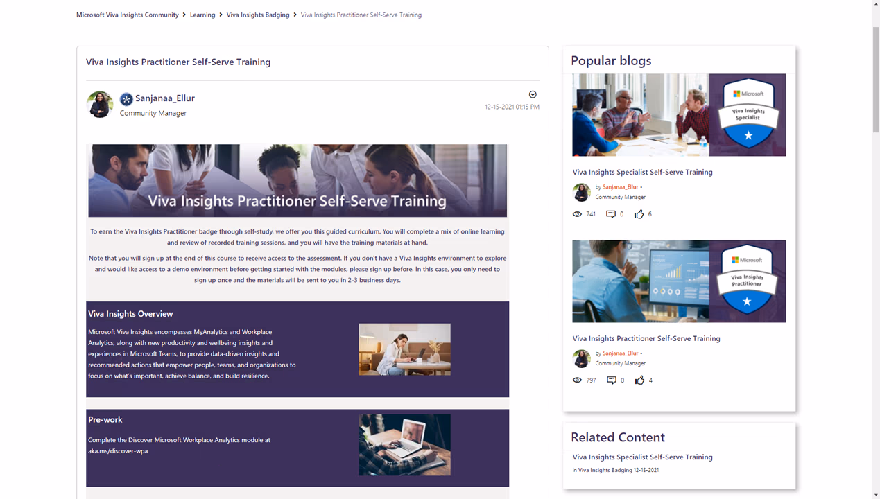 Viva Insights Practitioner Self-Serve Training page on the Microsoft Viva Insights Community with Practitioner and Specialist badges