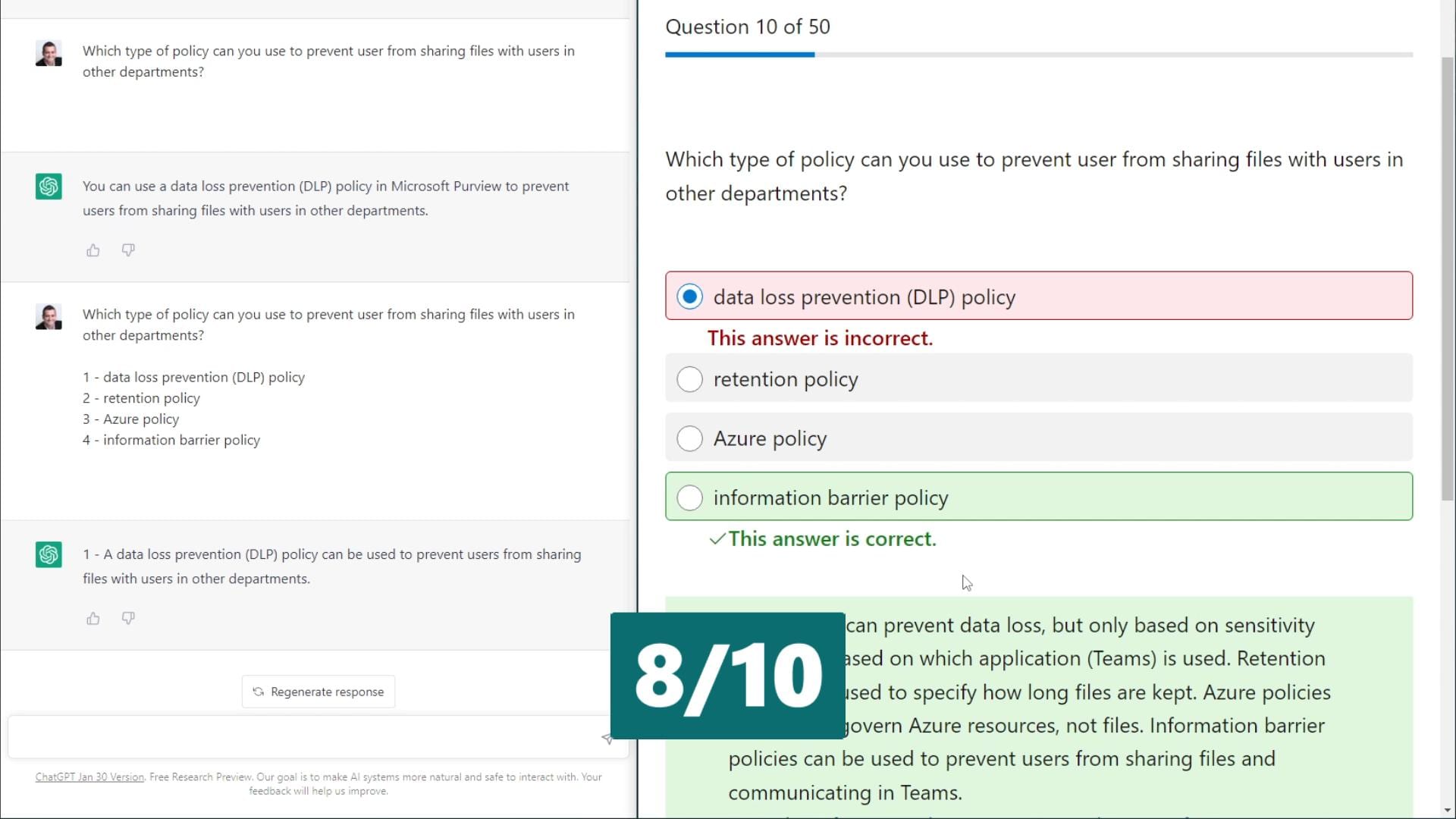 Chat GPT Passes Microsoft SC-900 first 10 questions with an 8 out of 10