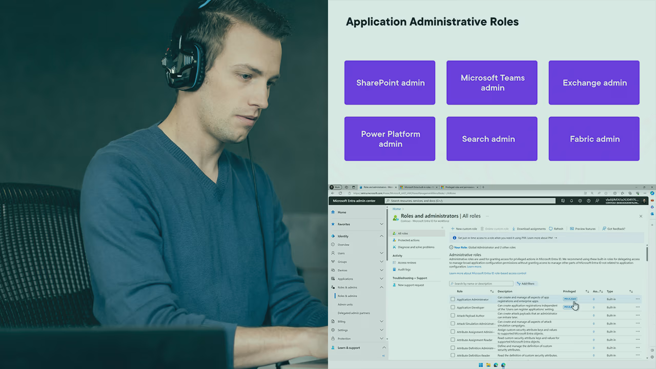 Pluralsight course artwork for SC-900 Identity and Access Management Solutions: a man with headphones beside admin role tiles