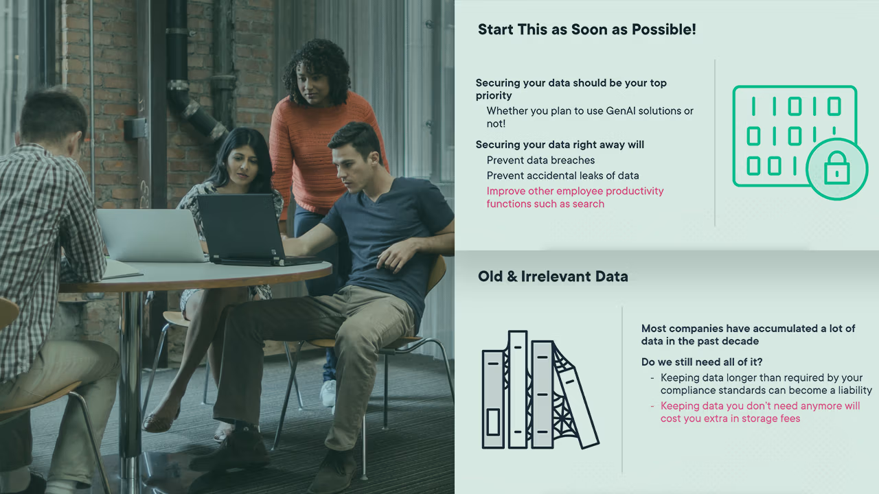 Pluralsight course artwork for Assessing Data Readiness for Generative AI: three colleagues at a laptop beside data slides
