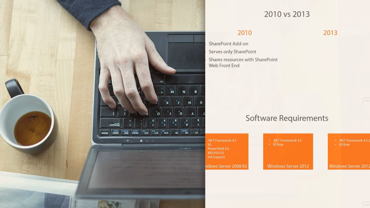 Pluralsight course artwork for Planning and Deploying Office Web Apps 2013: a hand on a laptop beside 2010 vs 2013 slides