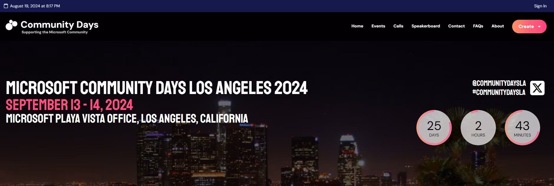 Community Days website banner: Microsoft Community Days Los Angeles 2024, September 13 to 14, Microsoft Playa Vista office
