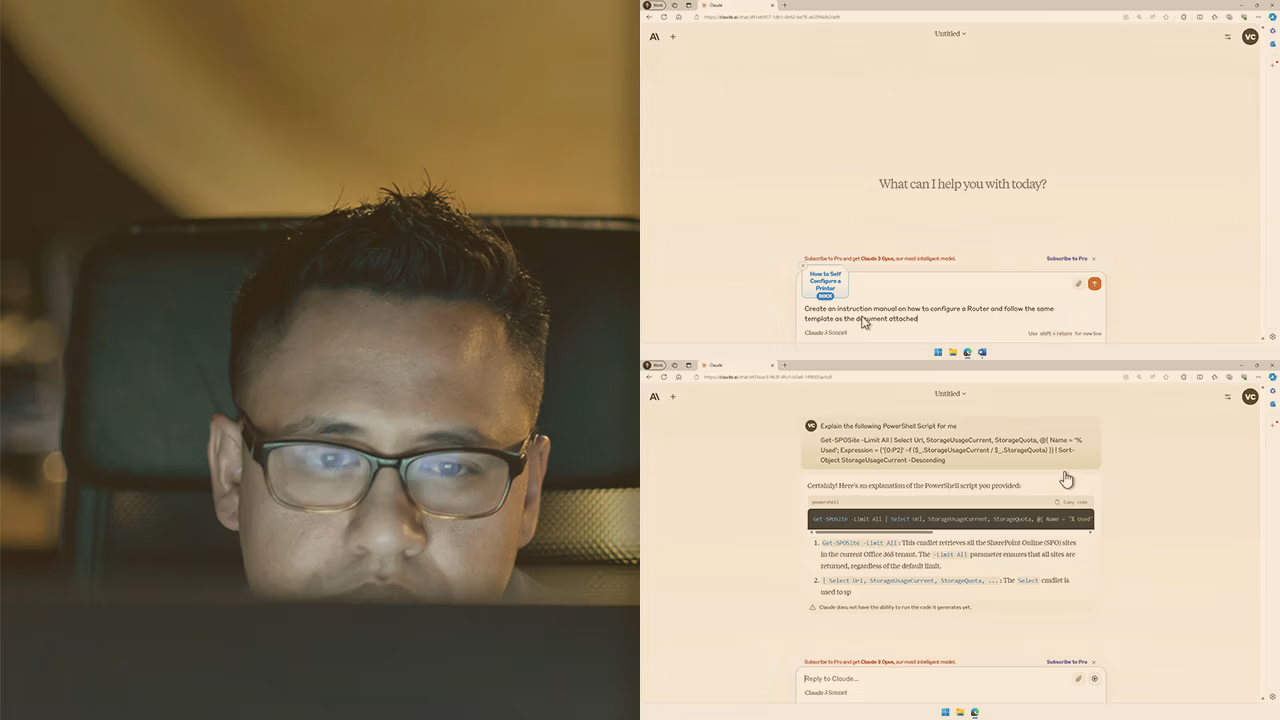 Pluralsight course artwork for Prompt Engineering for IT Administrators: a man lit by a laptop beside Claude chat windows