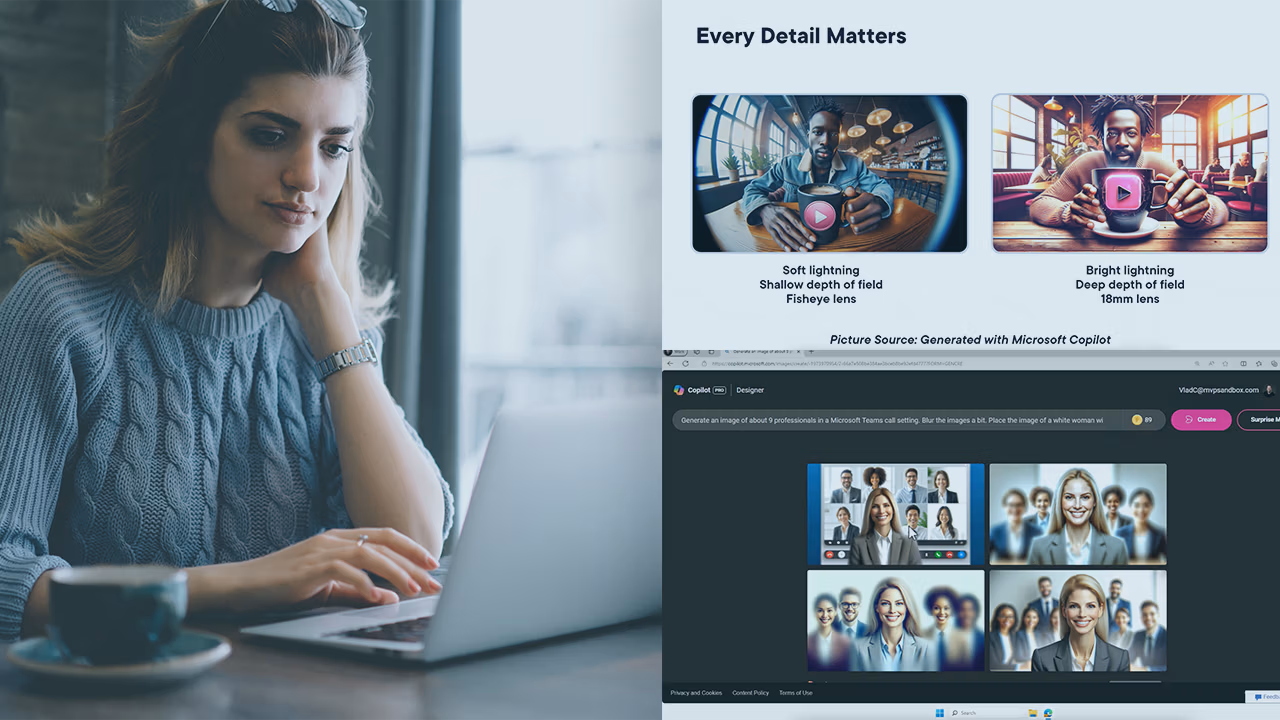 Pluralsight course artwork for Image Generation with Copilot: a woman at a laptop beside AI portraits and Copilot Designer