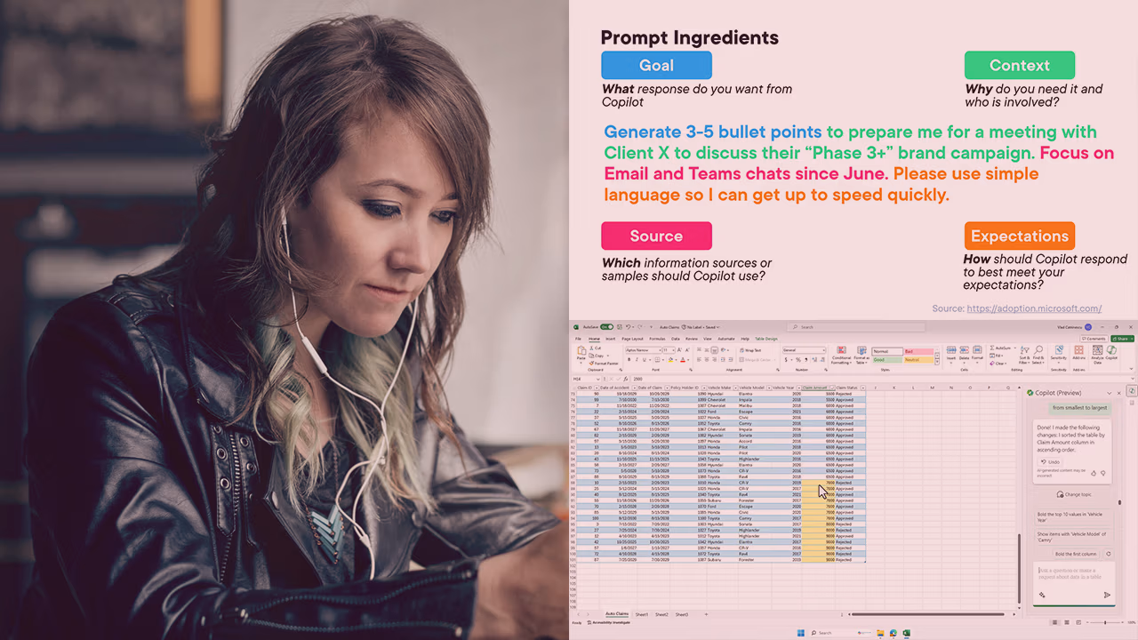 Pluralsight course artwork for Copilot for Microsoft 365 Apps: a woman with earphones beside a Prompt Ingredients slide