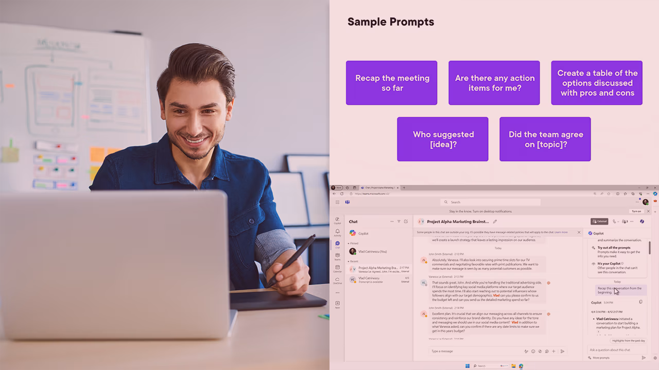 Pluralsight course artwork for Copilot for Microsoft Teams: a smiling man at a laptop beside sample meeting prompts