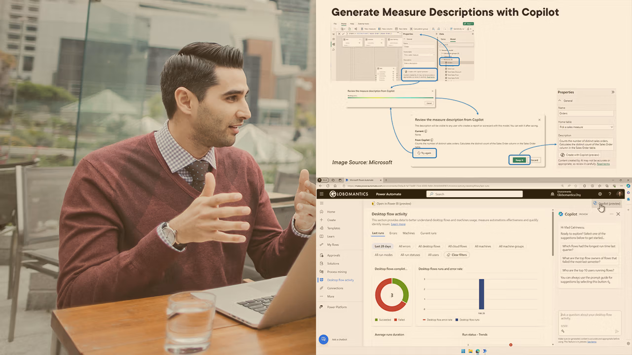 Pluralsight course artwork for Copilot for Power Platform: a man gesturing at a laptop beside Copilot and analytics screens