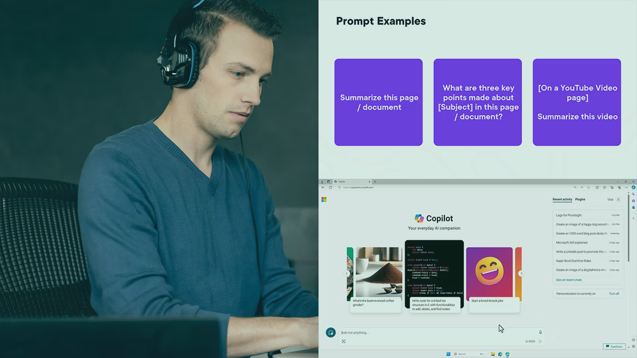 Pluralsight course artwork for Copilot for Web: a man with headphones at a laptop beside prompt example cards