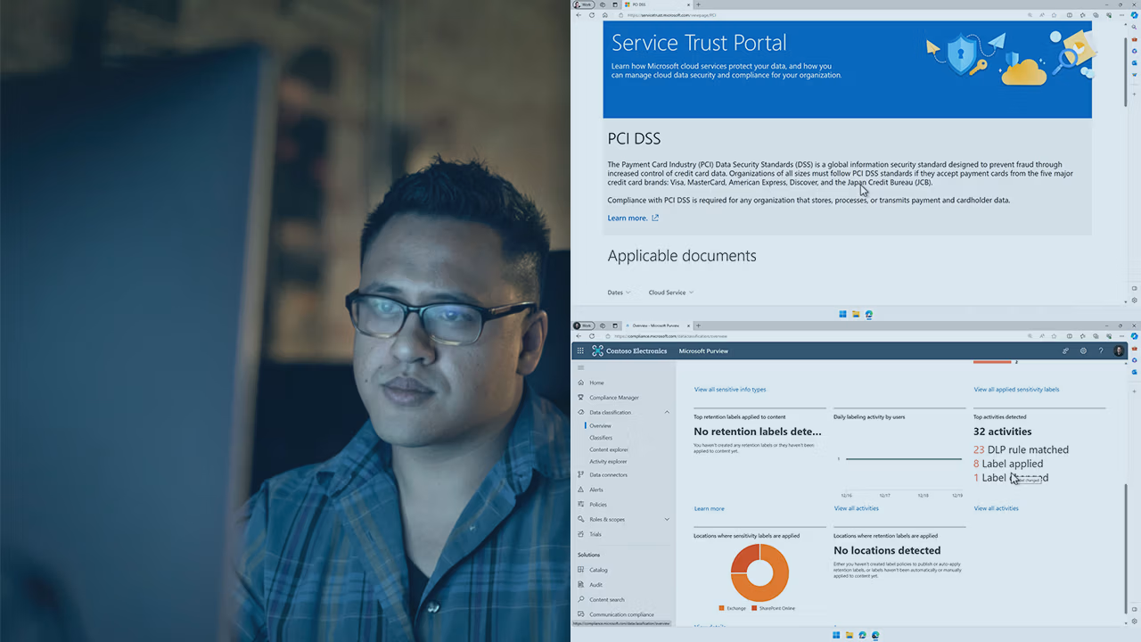 Pluralsight course artwork for SC-900 Compliance Solutions: a man with glasses beside the Service Trust Portal and Purview