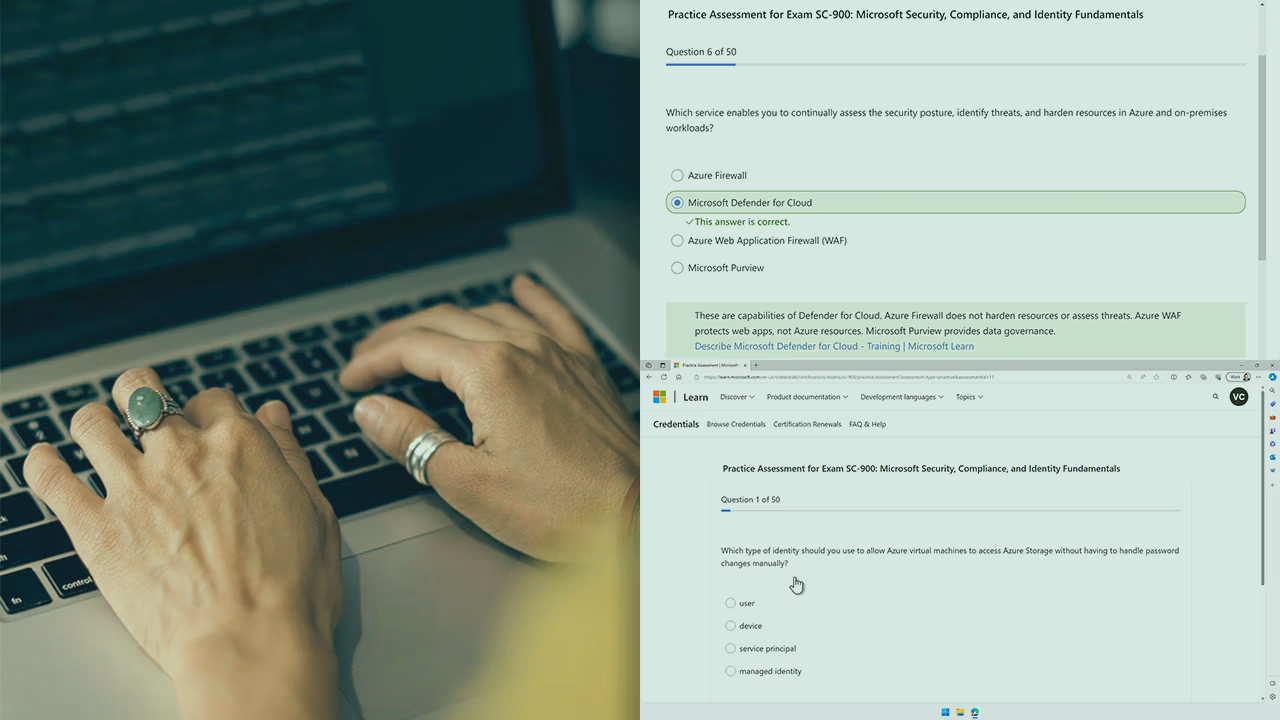 Pluralsight course artwork for SC-900 Exam Prep: hands on a laptop beside practice assessment questions on Microsoft Learn
