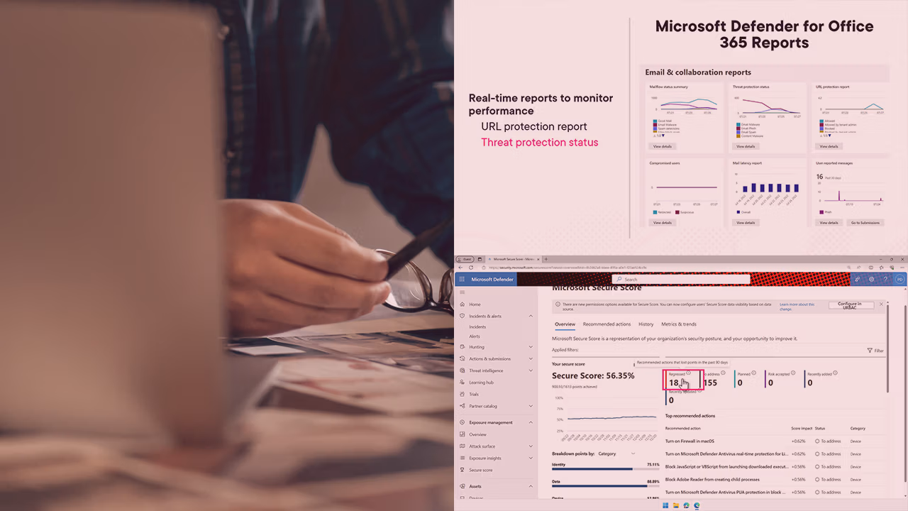 Pluralsight course artwork for SC-900 Security Solutions: a woman writing beside Defender reports and Secure Score