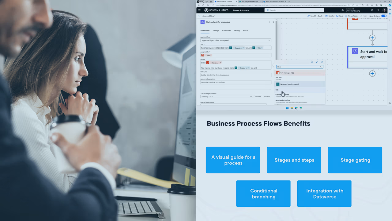 Pluralsight course artwork for Introduction to Power Automate: a woman at a desk beside an approval flow and a benefits slide