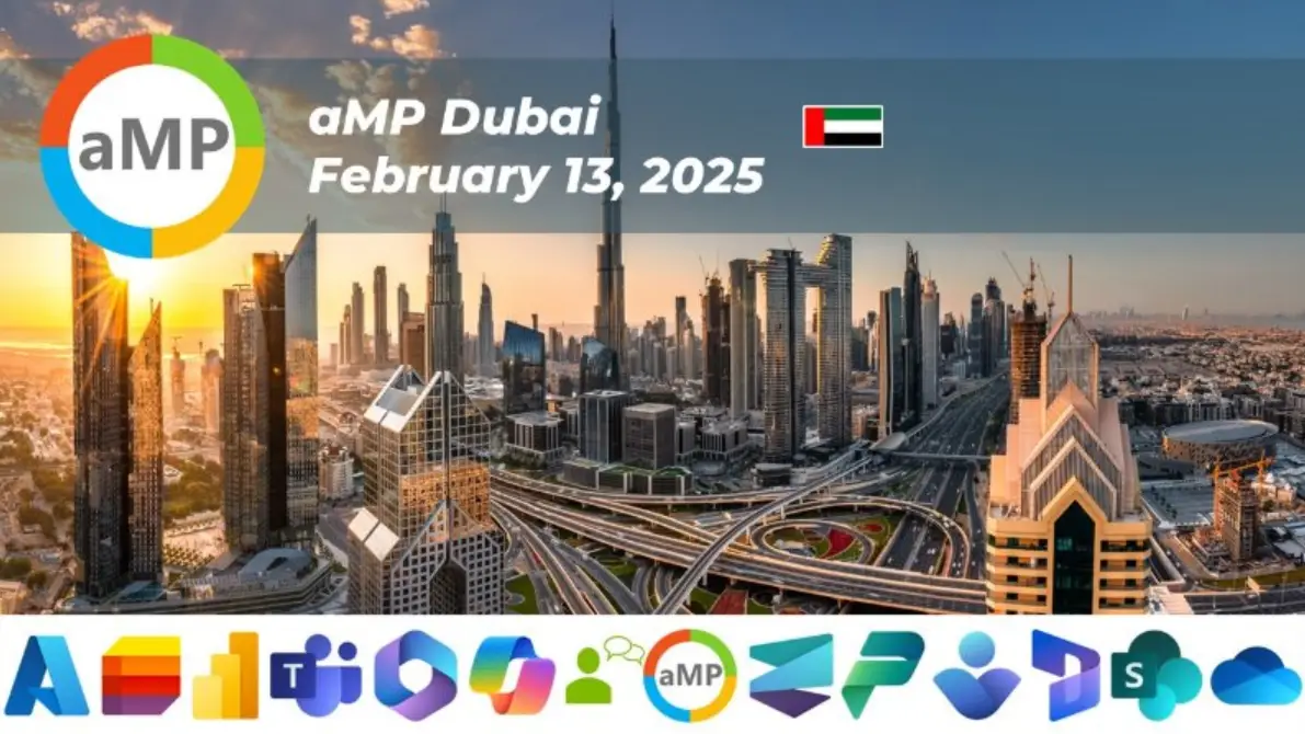 aMP Dubai banner for February 13, 2025: the Dubai skyline at sunset, the UAE flag and a row of Microsoft product icons