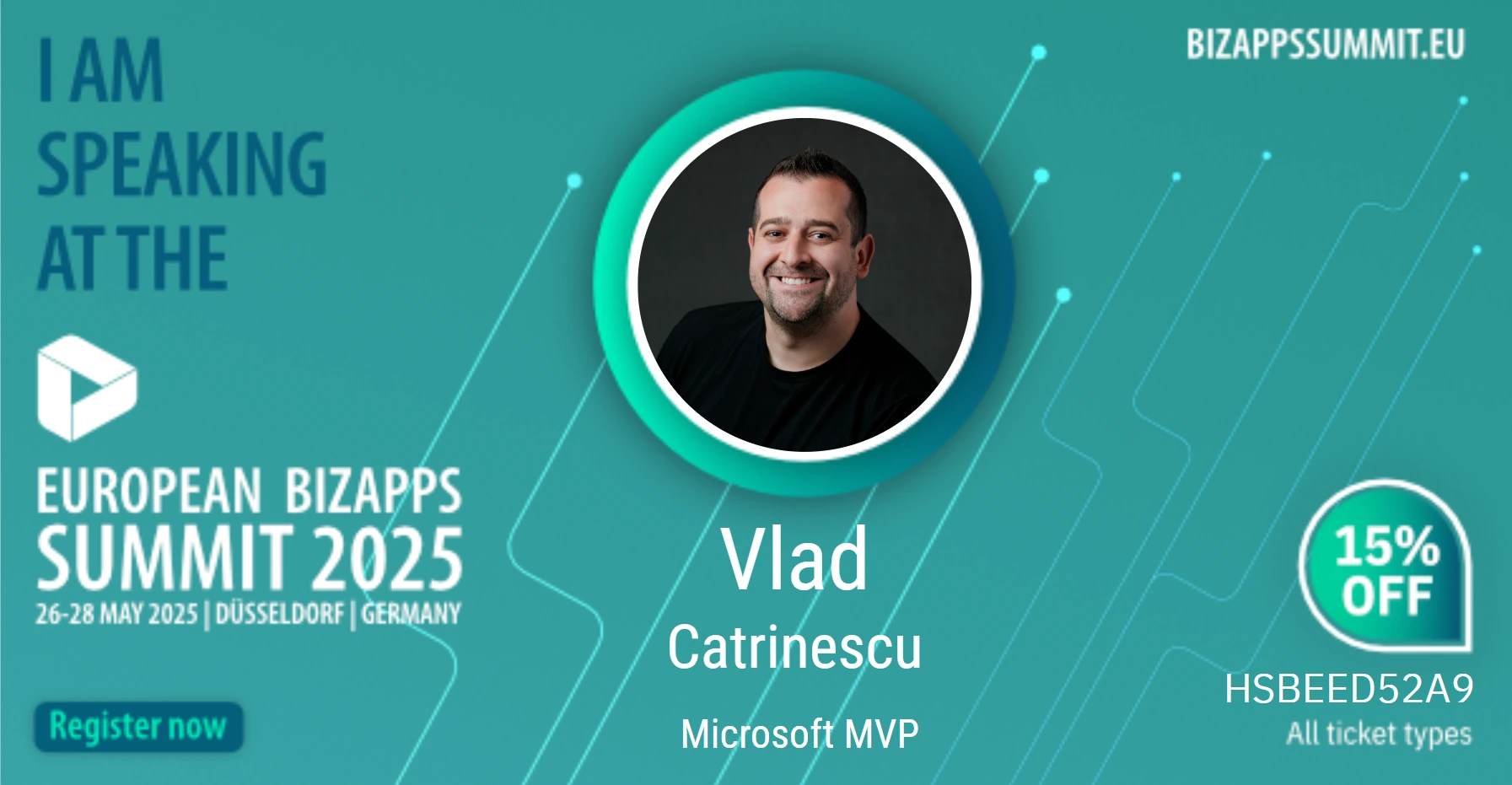 I am speaking at the European BizApps Summit 2025 banner for Vlad Catrinescu with 15% off code HSBEED52A9