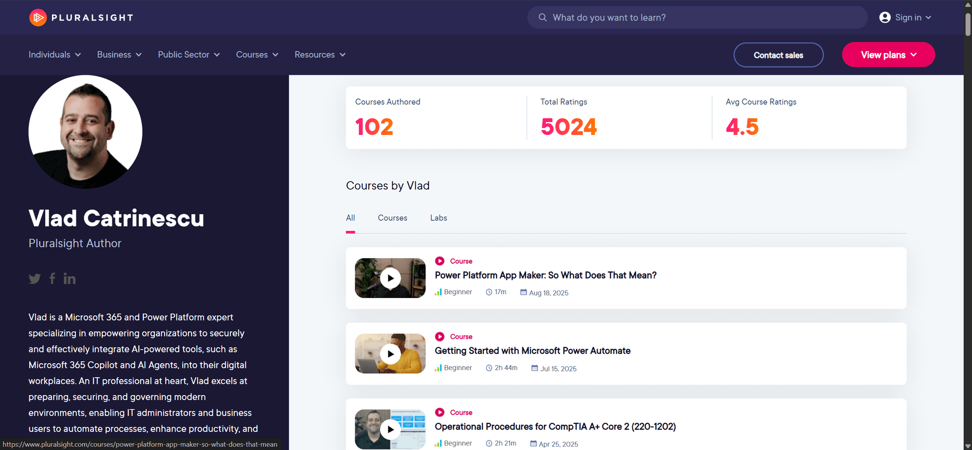 Vlad Catrinescu's Pluralsight author profile, showing his course count, learner numbers and average rating