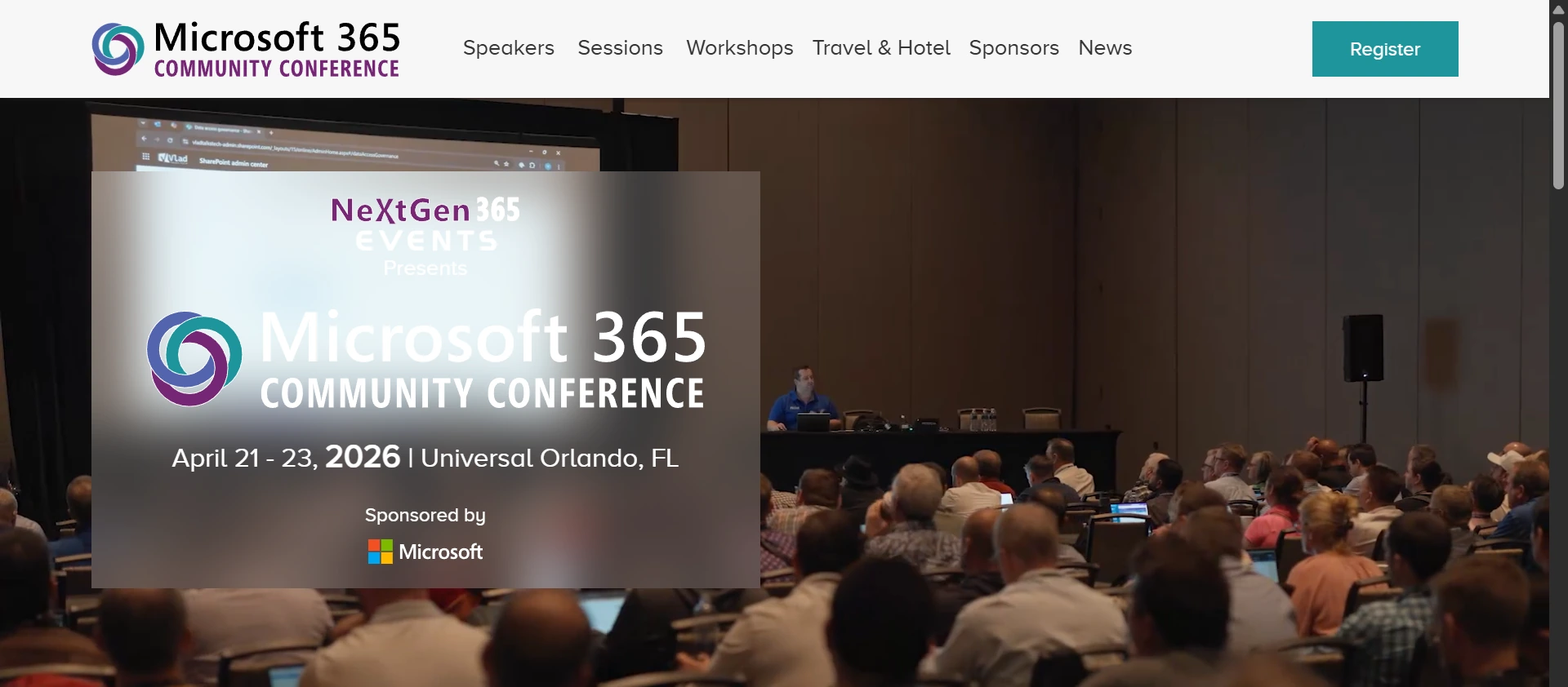 Microsoft 365 Community Conference website: attendees facing a screen announcing April 21 to 23, 2026 at Universal Orlando