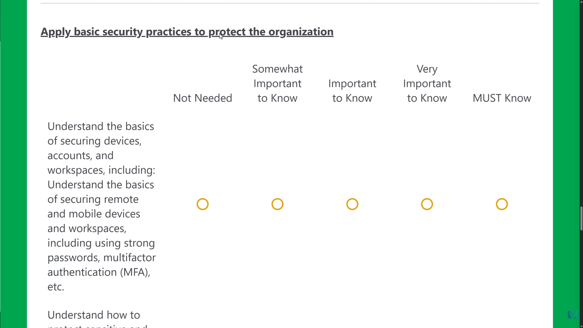 SC-730 blueprint survey question on securing devices, accounts and workspaces under Apply basic security practices