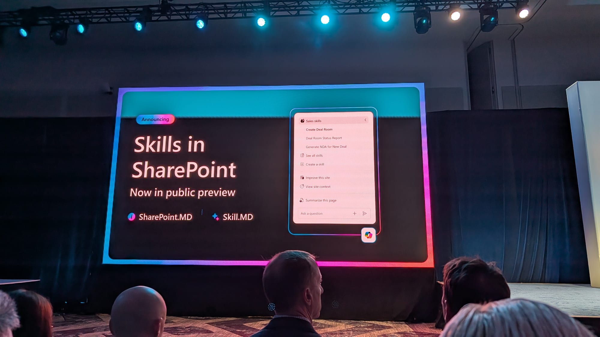 Skills in SharePoint public preview slide: Sales skills panel listing Create Deal Room, Deal Room Status Report and Generate NDA for New Deal