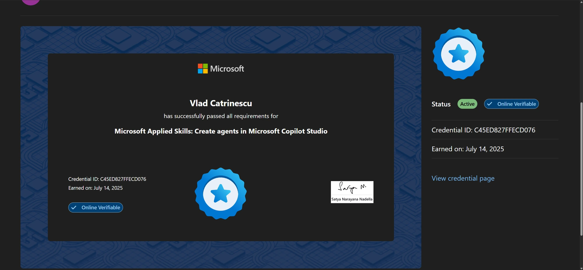 Vlad Catrinescu's Microsoft Applied Skills credential for Create agents in Microsoft Copilot Studio, earned July 14, 2025