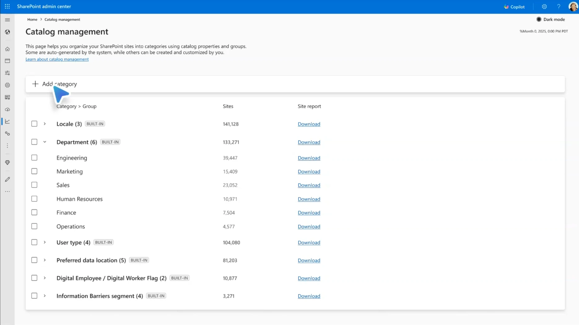 Catalog management page in the SharePoint admin center with Locale and Department categories, site counts and an Add category button