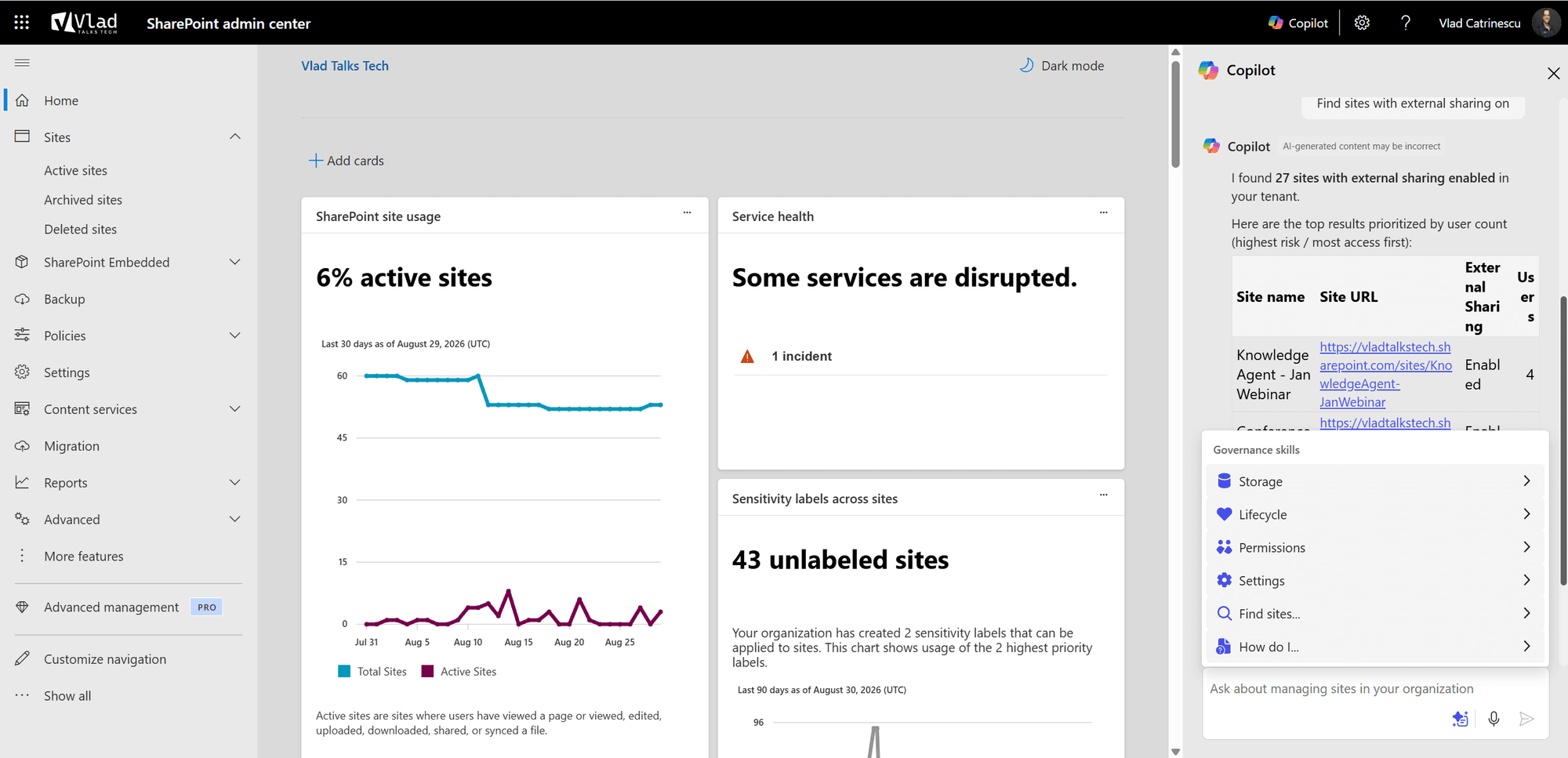 SharePoint Admin Agent pane in the SharePoint admin center listing 27 sites with external sharing enabled and Storage, Lifecycle and Permissions skills