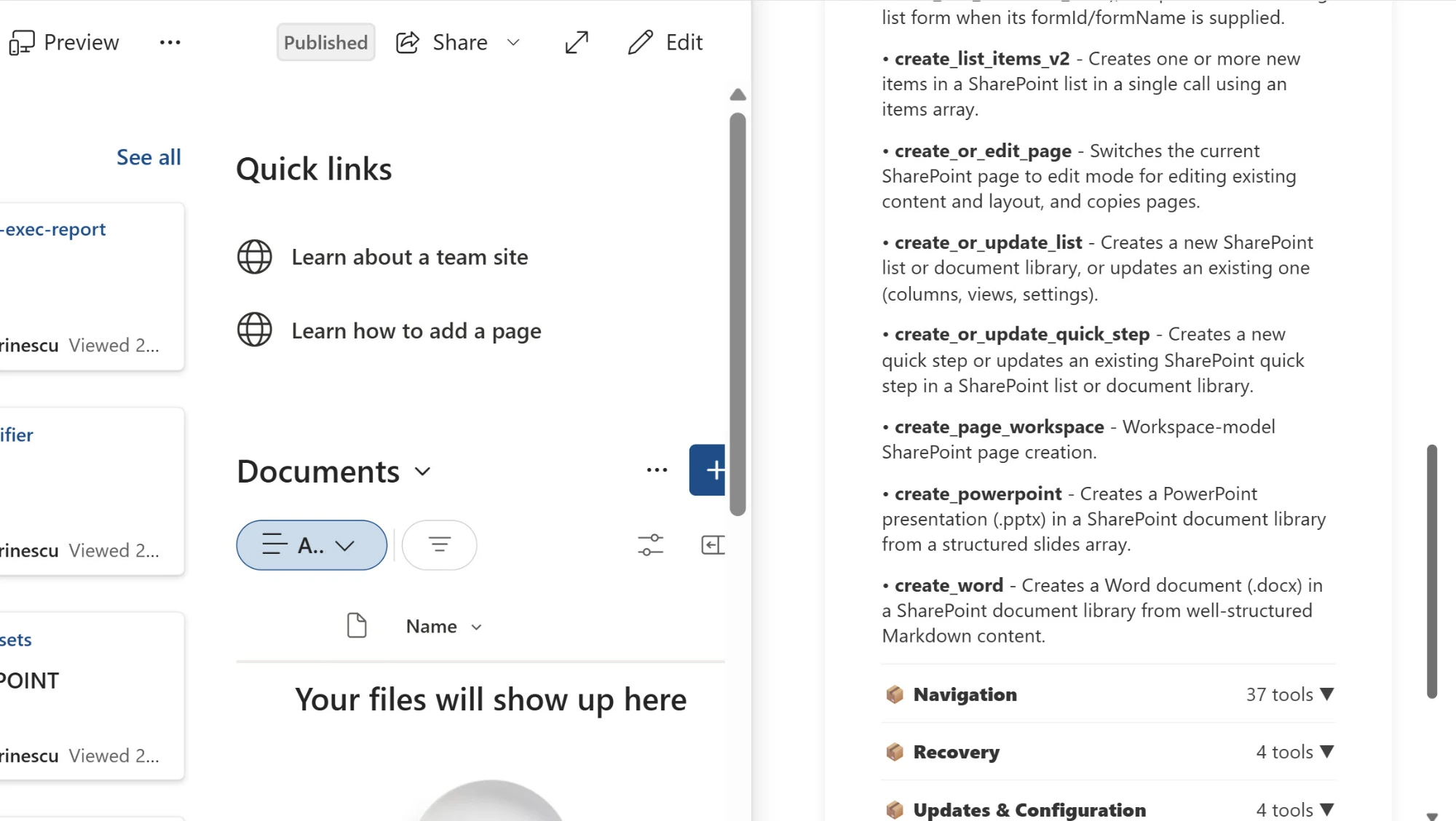 The --agenttools output in the Copilot in SharePoint chat, scrolled to the page-related tools