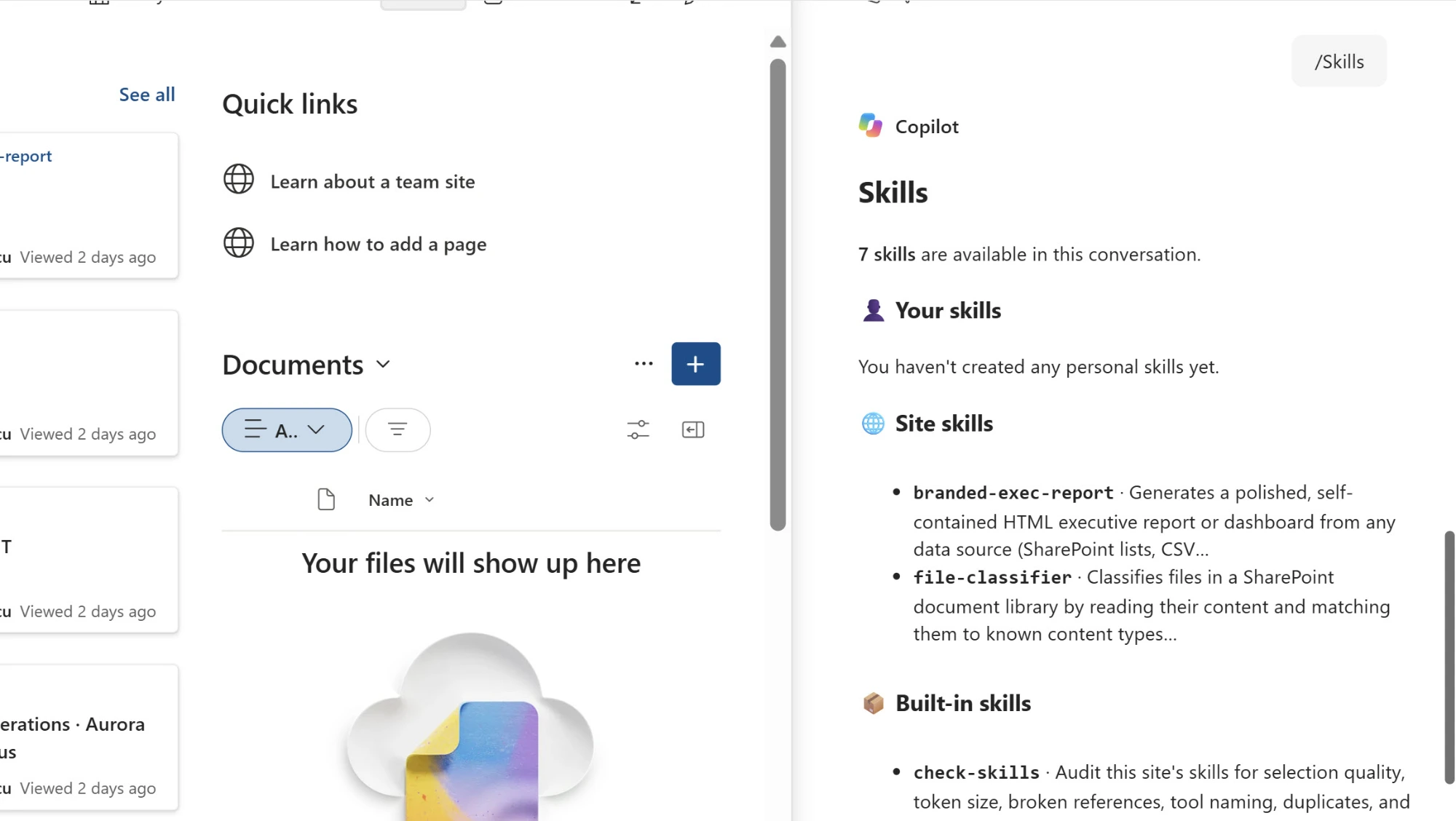 The /skills command in Copilot in SharePoint, showing the Personal skills, Site skills, and Built-in skills sections