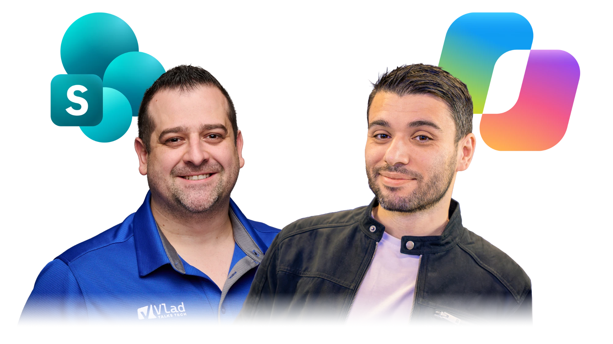 Vlad and Gokan with the SharePoint and Copilot logos behind them