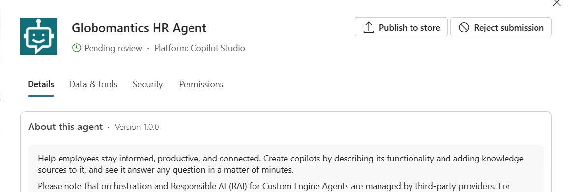 A pending Copilot Studio agent request with the Publish to store and Reject submission buttons