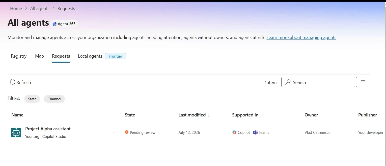 The Requests tab under All agents in the Microsoft 365 admin center with an agent pending review