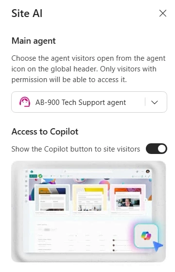 The Site AI pane in SharePoint with an agent selected as the main agent and the Copilot button turned on