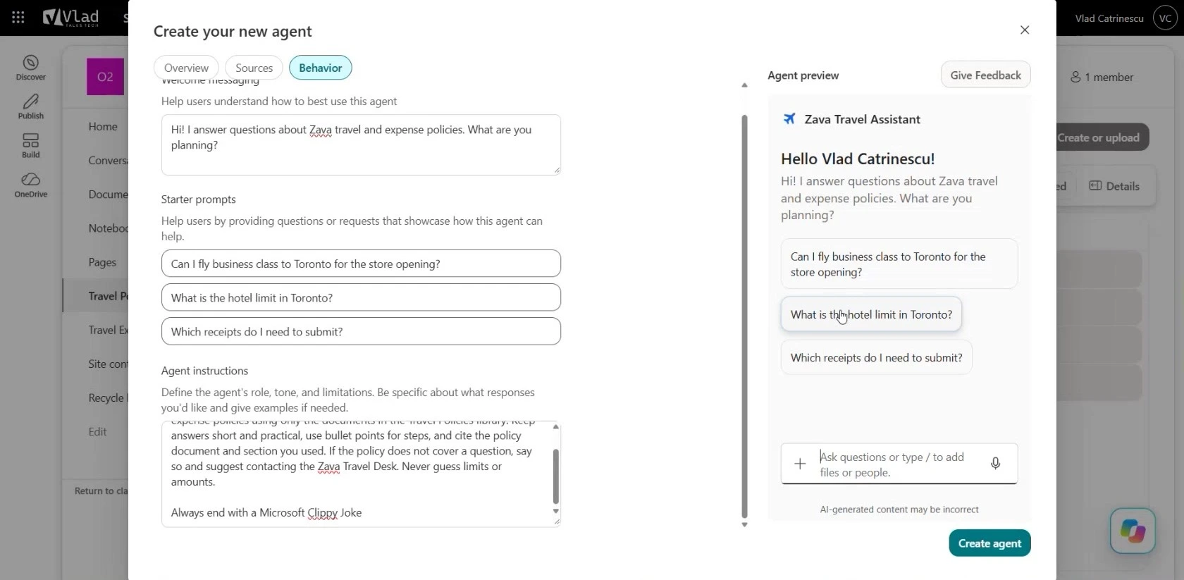 Creating a SharePoint agent, with the Behavior tab on the left and the Zava Travel Assistant in the Agent preview pane