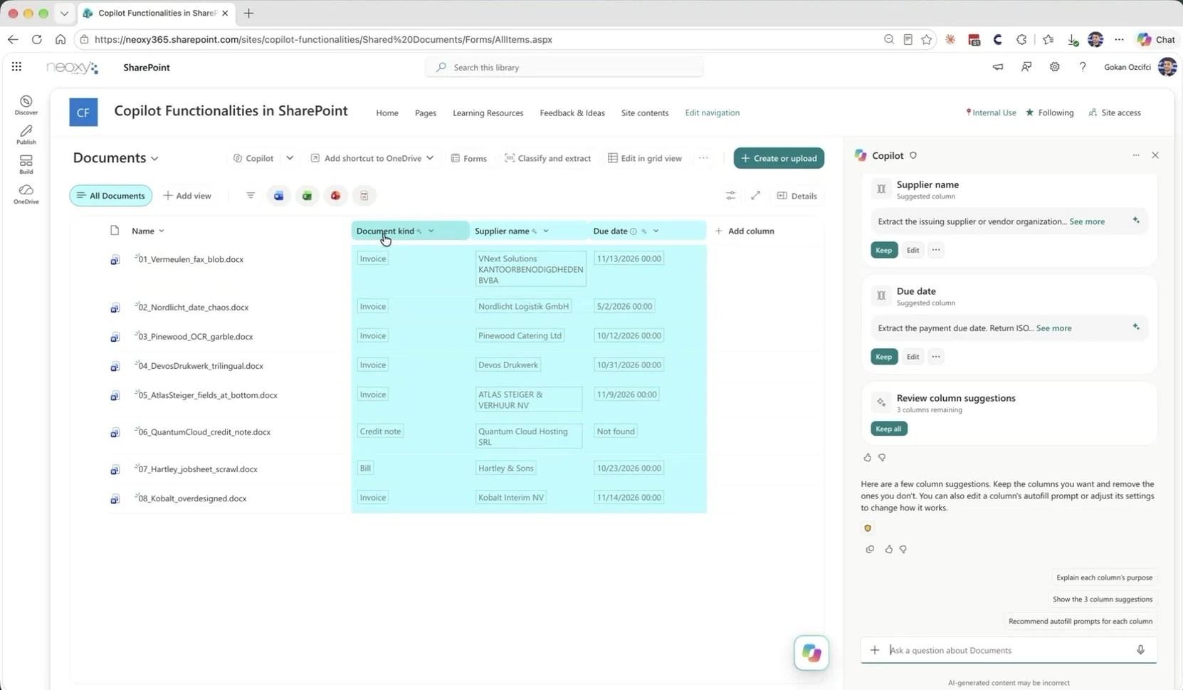 Copilot suggesting Supplier name and Due date autofill columns for a library of invoices, with a value shown for each file