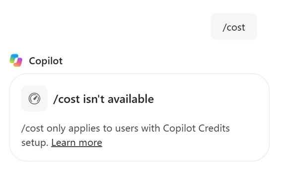 Copilot in SharePoint replying to /cost that it isn't available and only applies to users with Copilot Credits set up