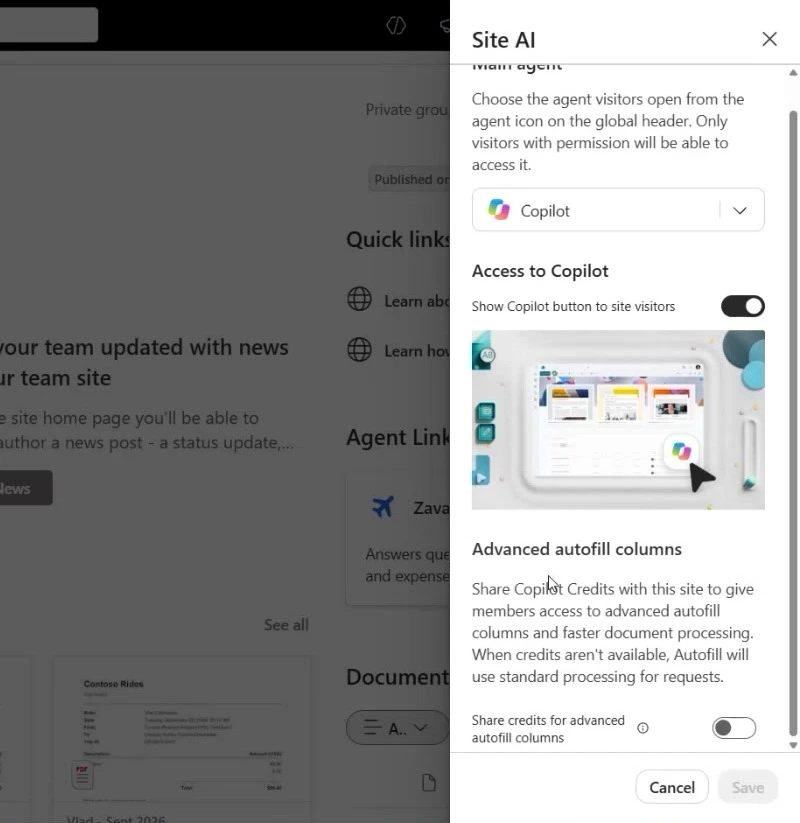 The Site AI panel with Copilot as the main agent, the Copilot button shown to visitors, and credit sharing for autofill off