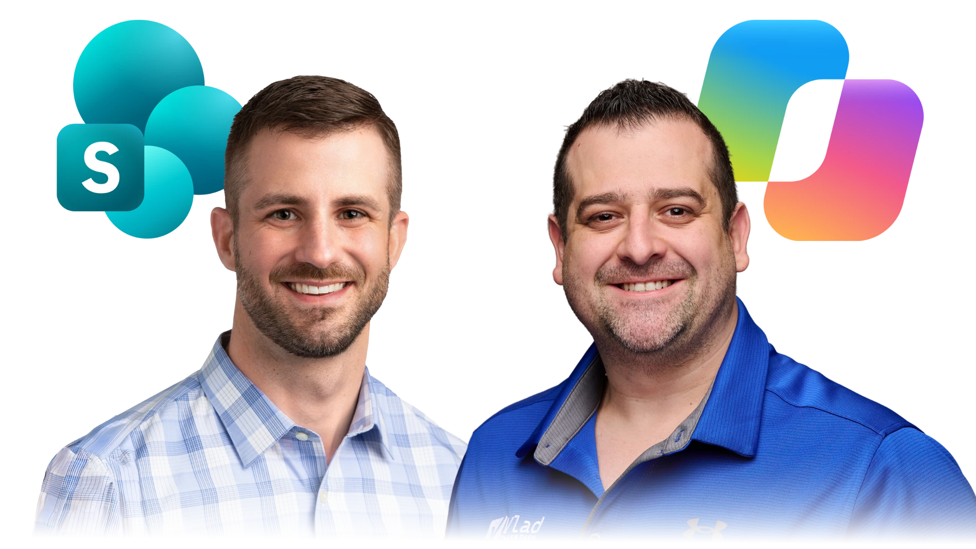 Drew Madelung and Vlad Catrinescu smiling, with the SharePoint and Copilot logos behind them