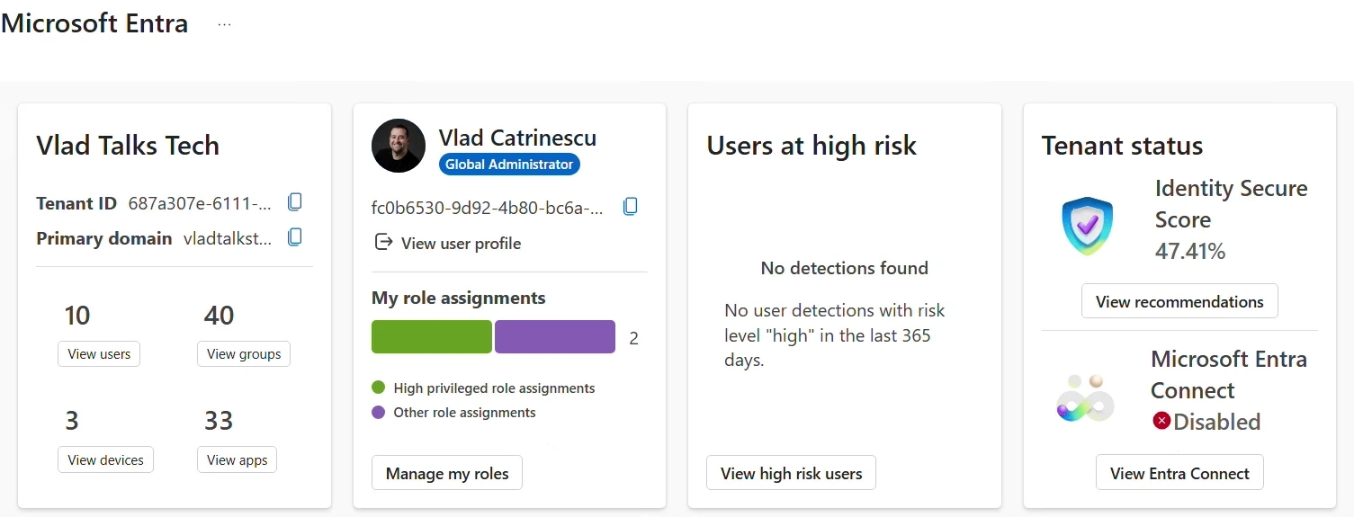 Microsoft Entra admin center home page with the Identity Secure Score of 47.41% in the Tenant status card