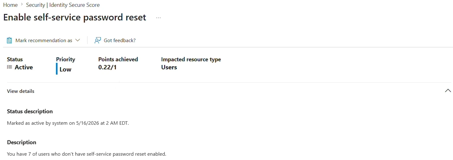 Enable self-service password reset recommendation at 0.22 of 1 point, with seven users not enabled