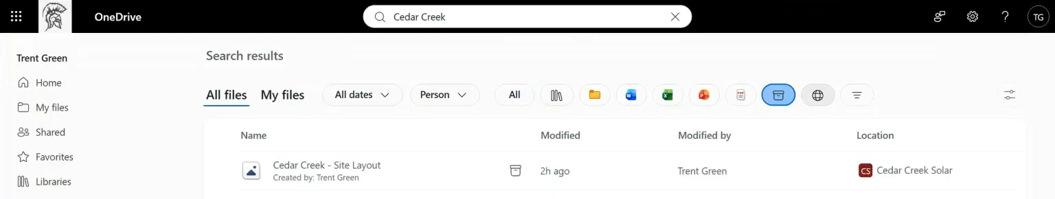 OneDrive search results filtered to archived files, showing an archived file from the Cedar Creek Solar site