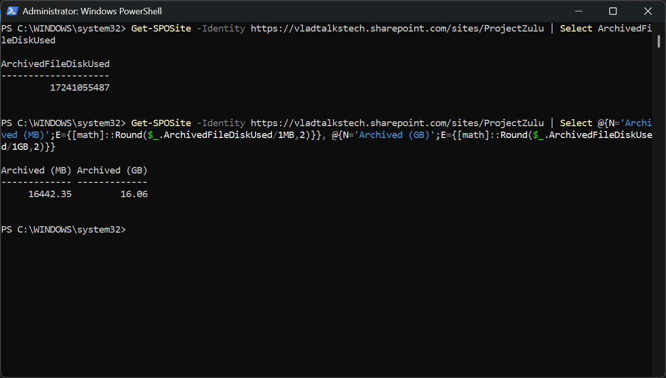PowerShell output of a site's archived file storage: 17241055487 bytes, then 16442.35 MB and 16.06 GB