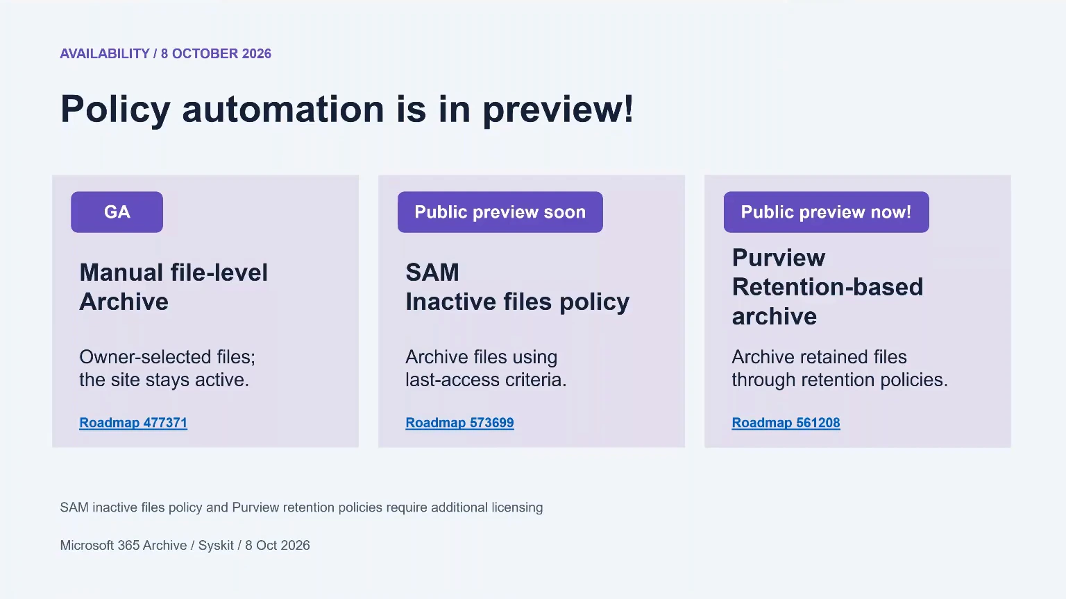 Slide: manual file-level archive generally available, SharePoint Advanced Management and Purview archive policies in preview