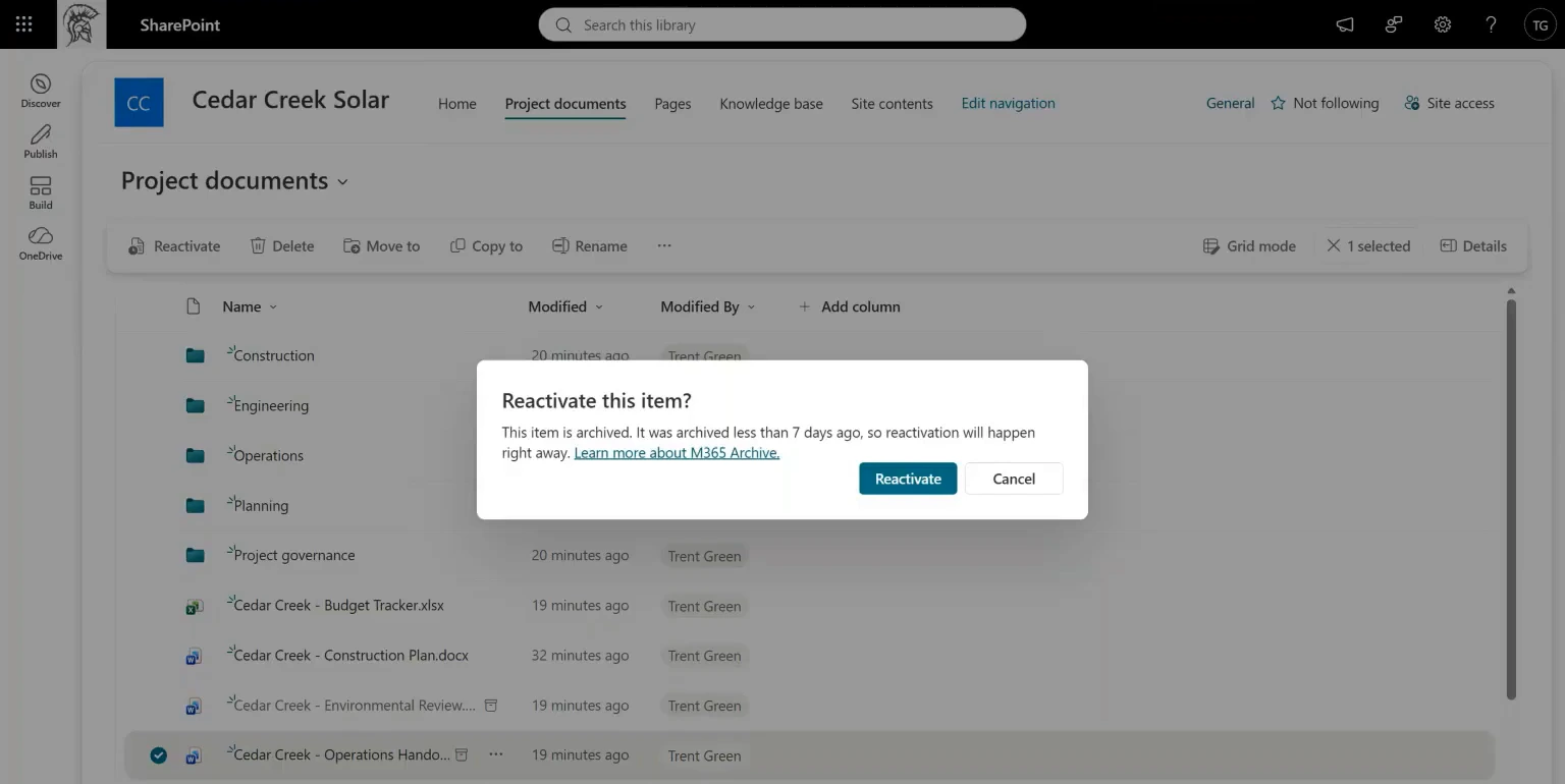 Archived file selected in SharePoint with Reactivate, Delete, Move to, Copy to and Rename actions, and a Reactivate dialog