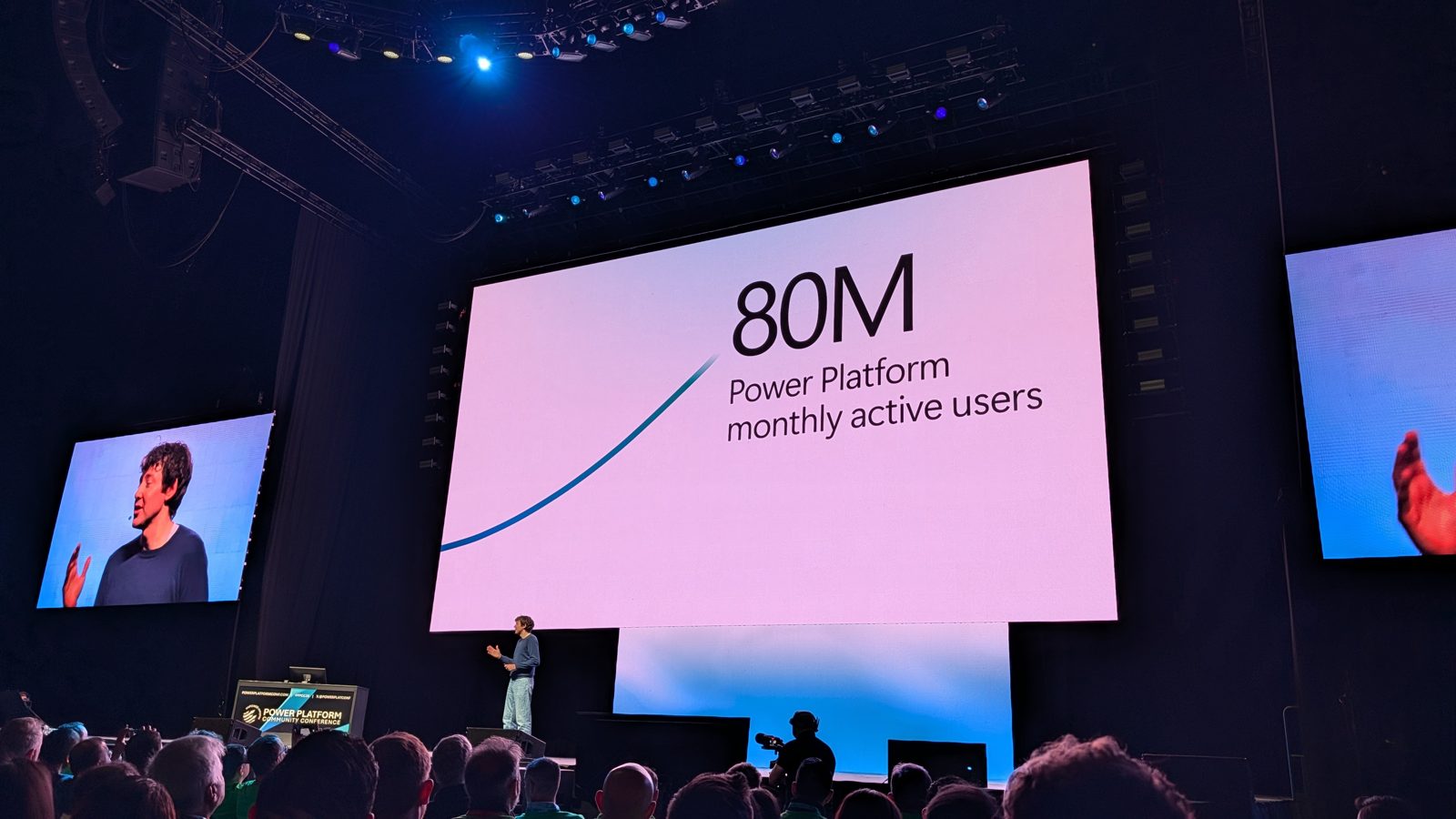 PPCC 2026 keynote slide showing 80M Power Platform monthly active users, with Charles Lamanna on stage
