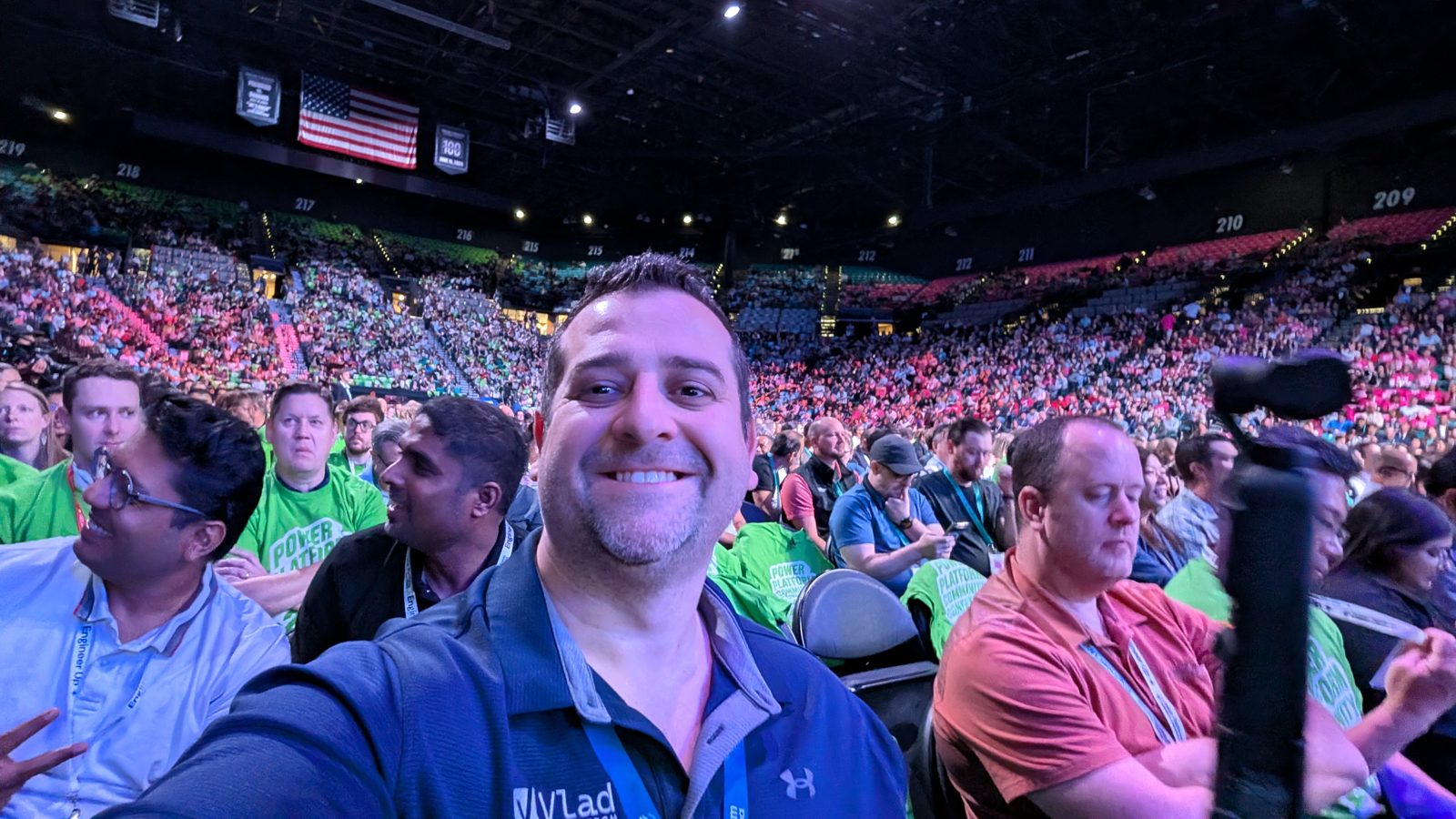 Vlad Catrinescu taking a selfie in the packed arena before the PPCC 2026 keynote in Las Vegas
