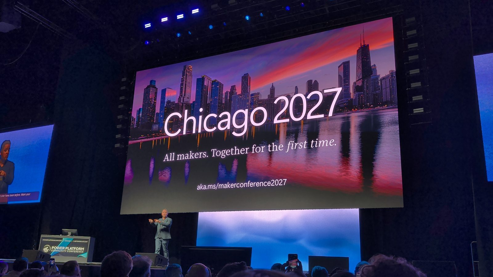 Chicago 2027 slide at the PPCC 2026 keynote: All makers. Together for the first time, with aka.ms/makerconference2027