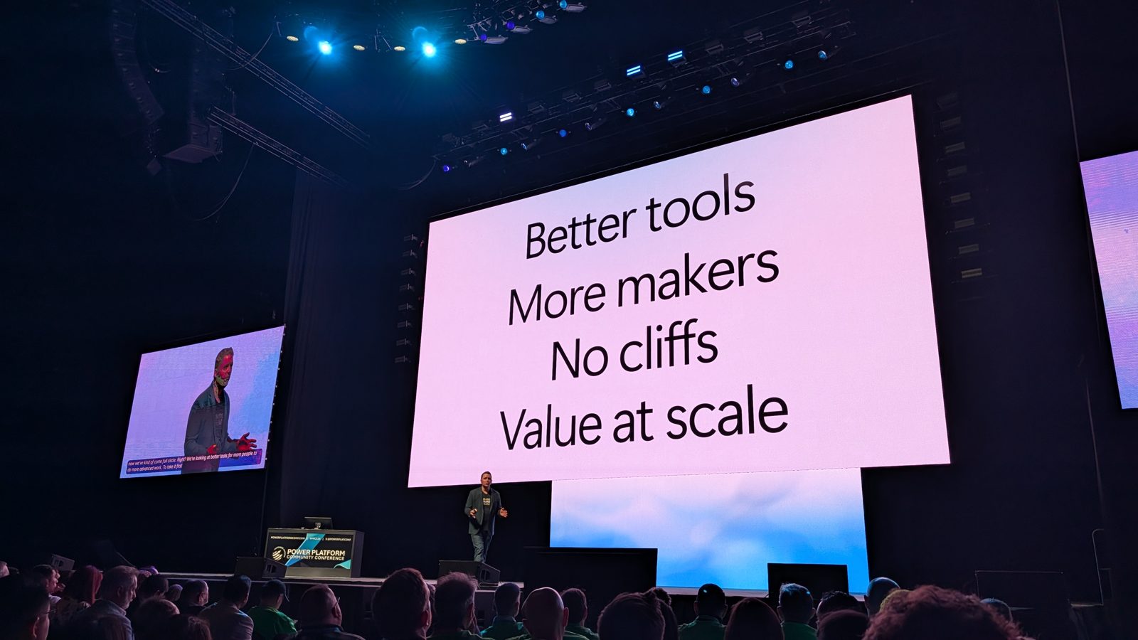 Keynote slide listing the four pillars: better tools, more makers, no cliffs and value at scale