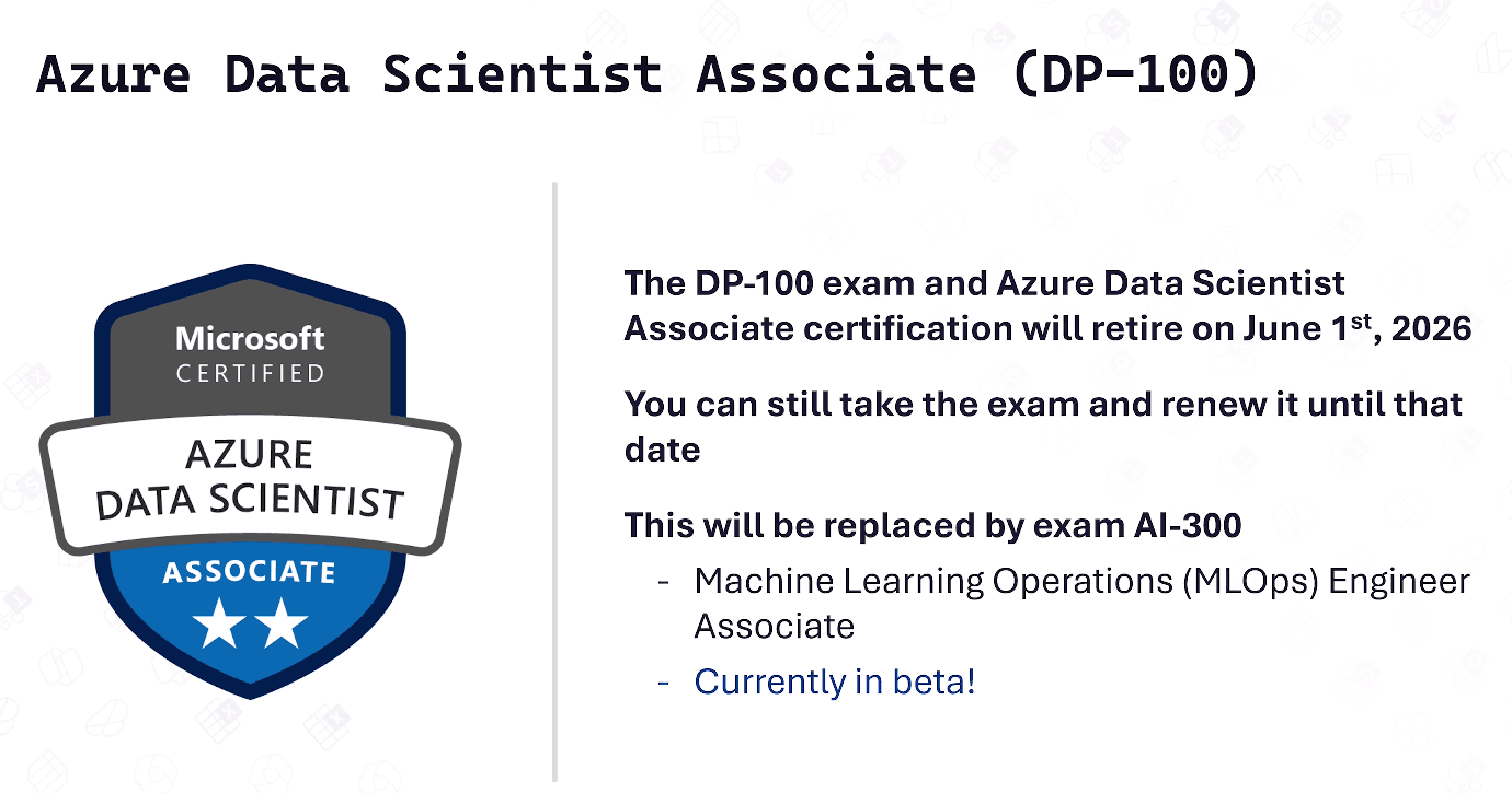 Azure certification retirements 2026 highlighting DP‑100 retiring June 1, 2026 and its replacement exam AI‑300