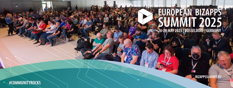 European BizApps Summit 2025 banner, 26 to 28 May in Düsseldorf: a packed conference hall of attendees, #CommunityRocks